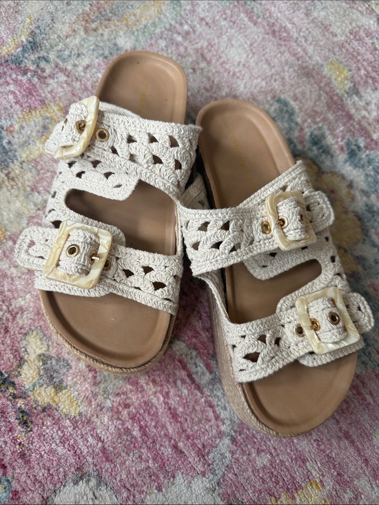 Madden Girl Shoes - Madden Girl Cream Crochet Double-Buckle Slide Sandals